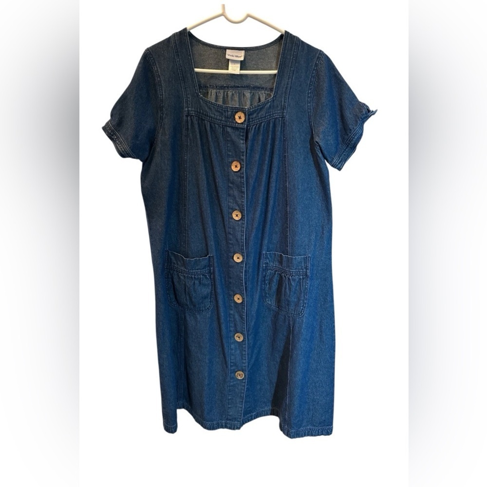 Vicki Blue Vtg 90's Womens Teacher Short Sleeve Jean Dress Dark Wash Denim Sz Lg